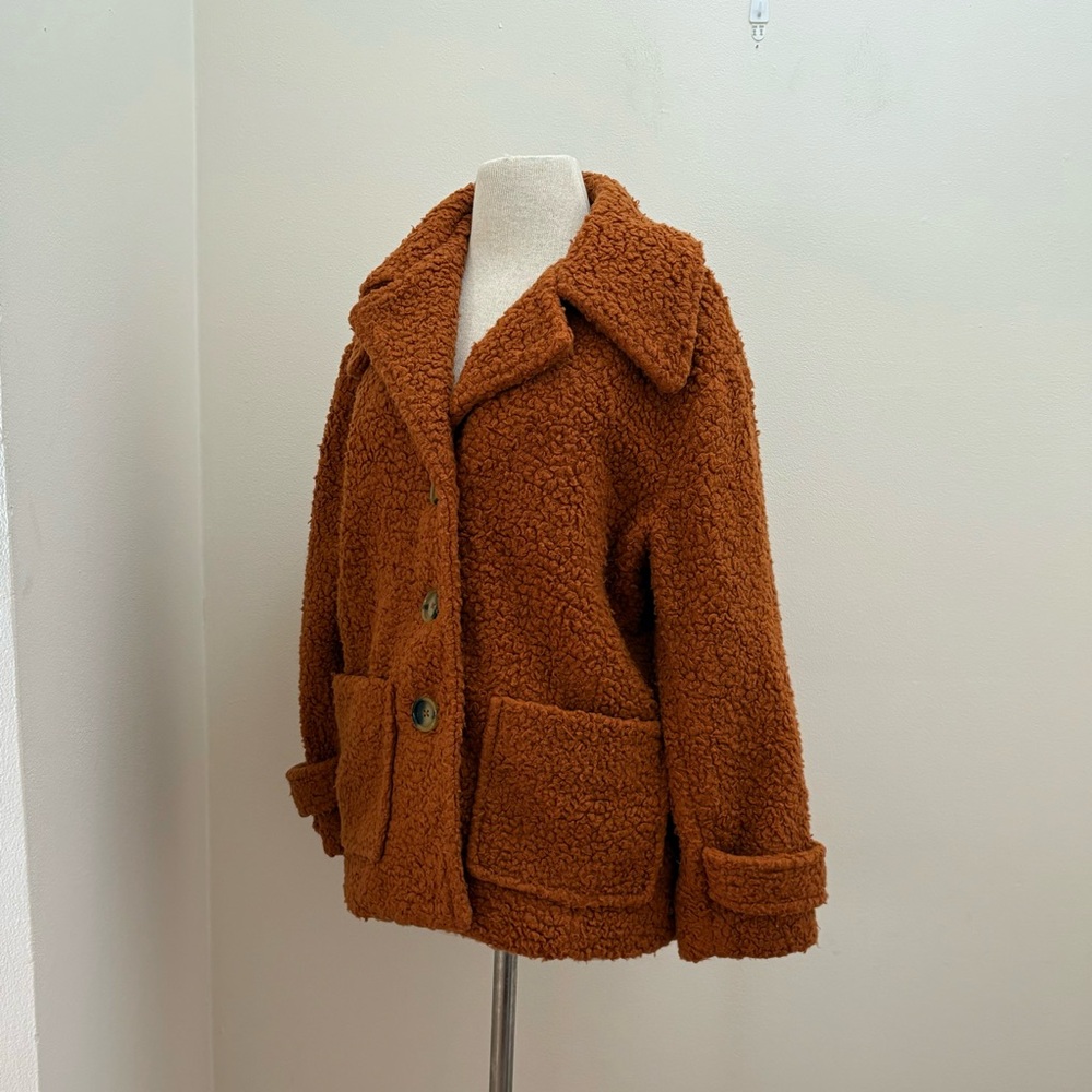 Free people Burnt Orange Shearling Sherpa Teddy Peacoat Jacket Size Medium Cozy - Picture 4 of 15